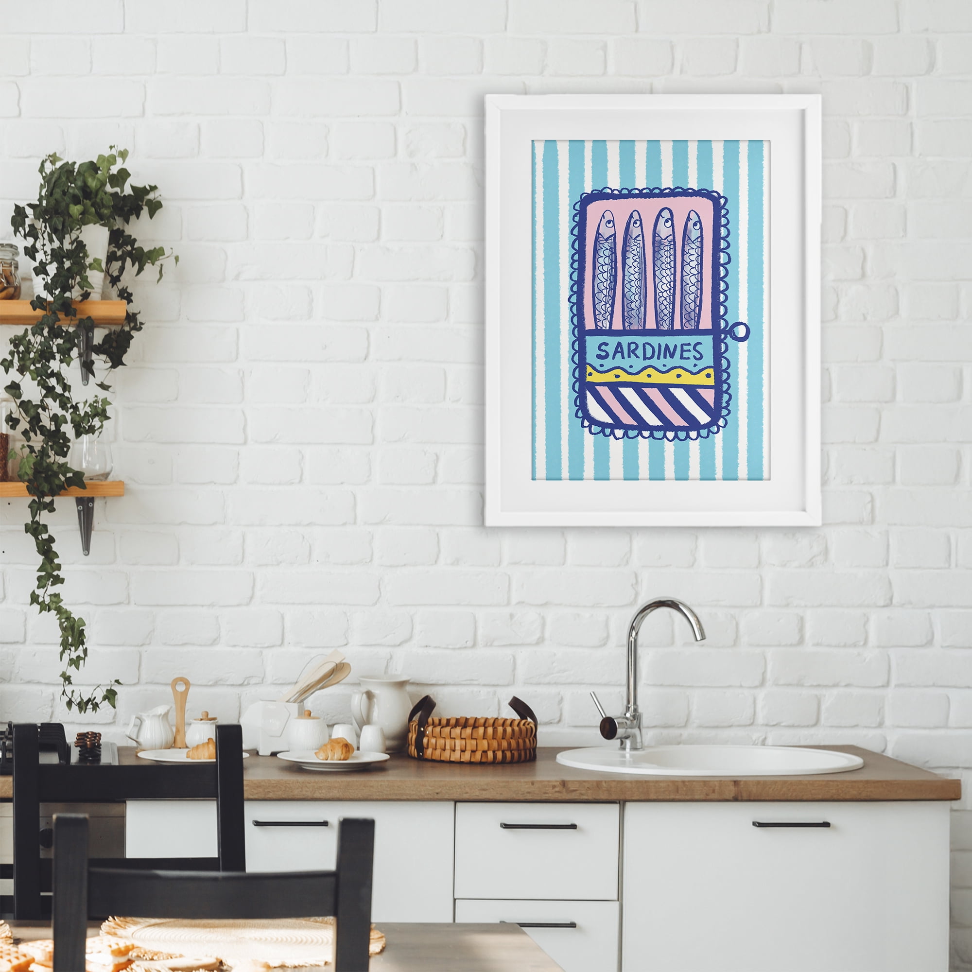Stupell Industries Pastel & Stripes Sardines White Framed Print Under Glass, design by Florentina Dolci
