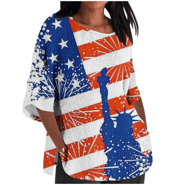 Camiseta Suelta Impresa con Manga 3/4 Cortada, Camisetas de Algodón Casuales Y Transpirables para Mujeres
