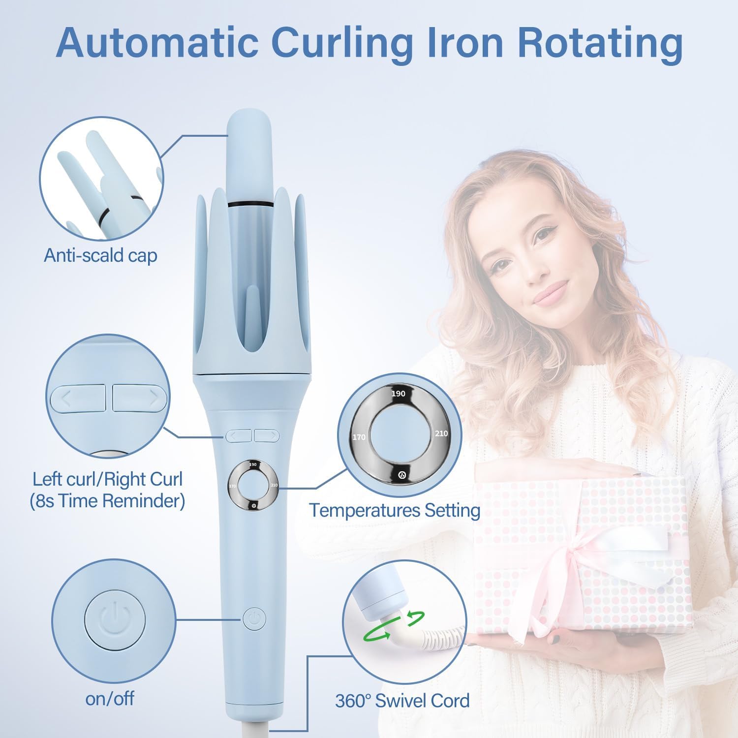 Automatic Hair Curler with 4 Temperature Settings, Auto-Rotating Ceramic Curling Iron with Anti-Tangle & Anti-Scald Design