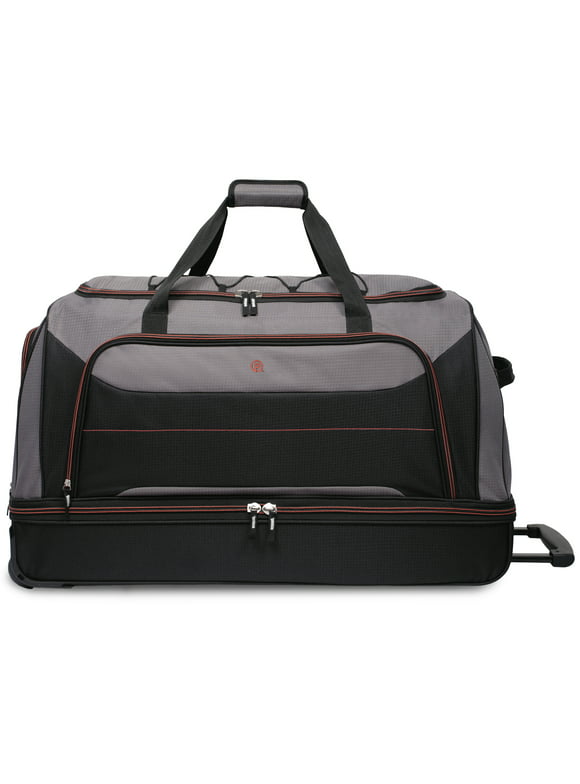 Protege Rolling Drop-Bottom Duffel Bag for Travel, 30 in, Black and Grey