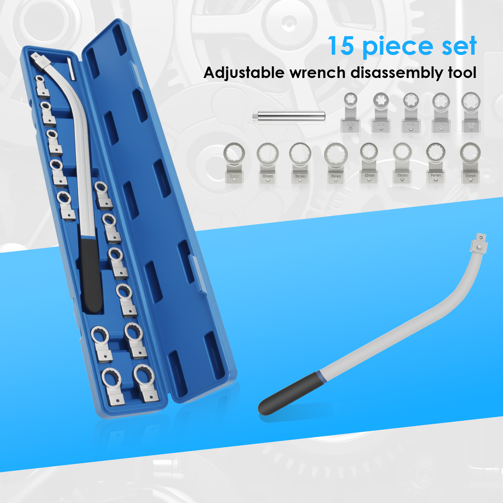 15Pcs Universal Auxiliary Idler Adjustment Wrench with Hex and Dodecagonal Adapters Kit (0.47"-0.74") Serpentine Belt Tension Pulley Wrench Set for Mechanical Repairs