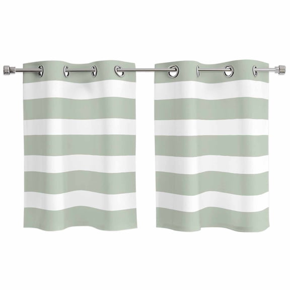 2 Panels Kitchen Tier Curtains 39 Inch Length, Sage Green Stripe Grommets Window Treatment Curtain, Modern Simple Geometric White Striped Thermal Curtains Drapes for Living Room/Bathroom