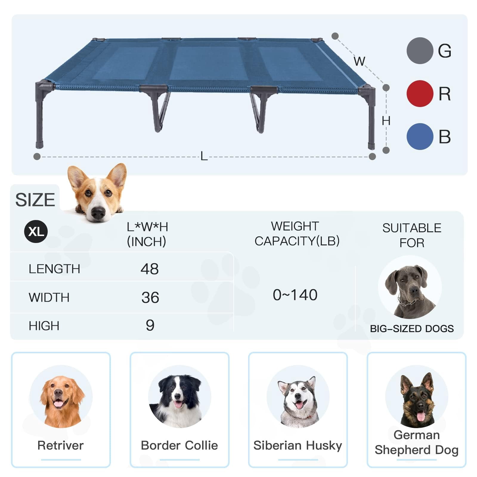 Elevated Dogs Bed Waterproof Outdoor  Portable Raised Dog Beds Off The Floor Easy Clean Indoor Or Use X-large Blue
