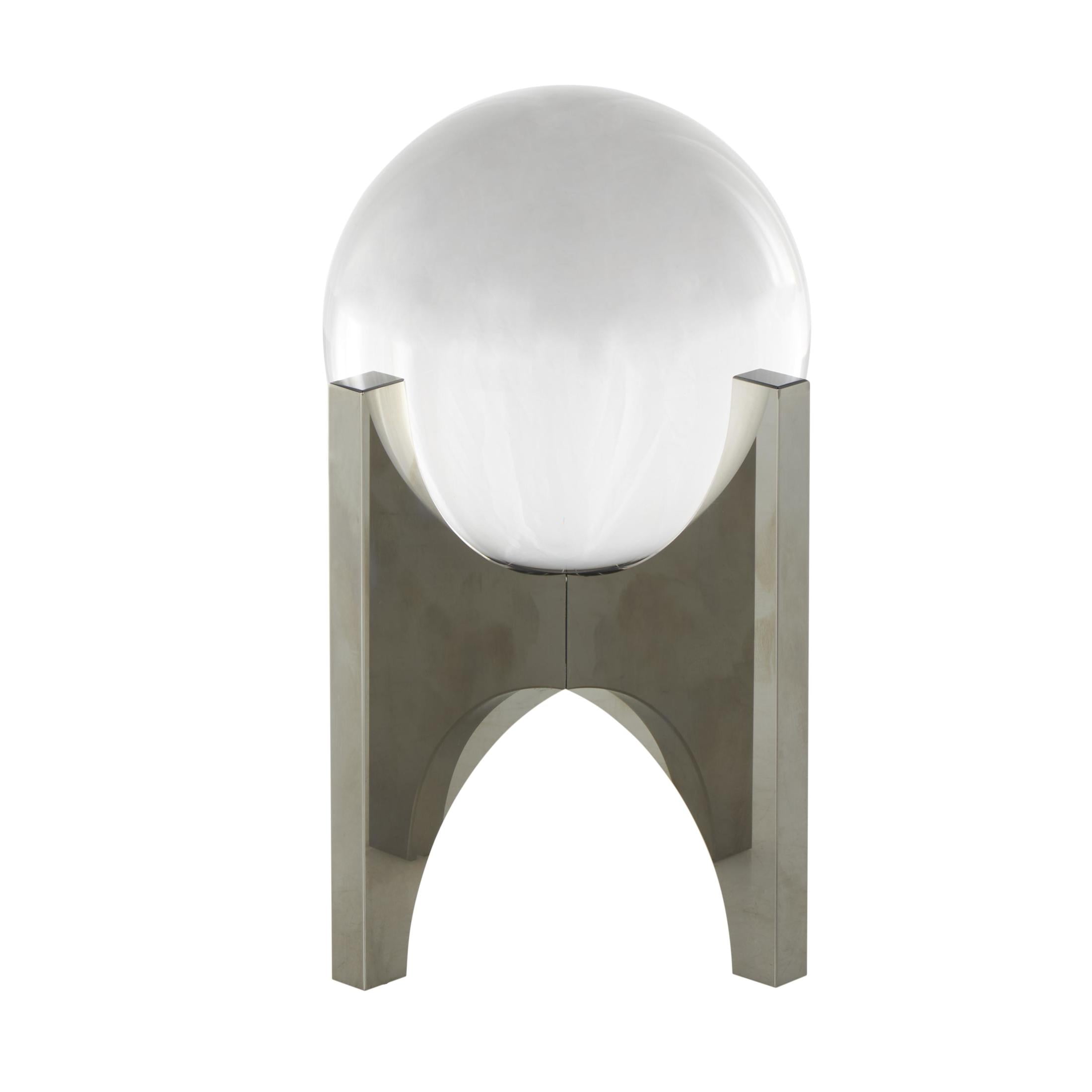 5" x 8" Silver Glass Orb Geometric Sculpture with Clear Orb and X-Shaped Holder, by DecMode