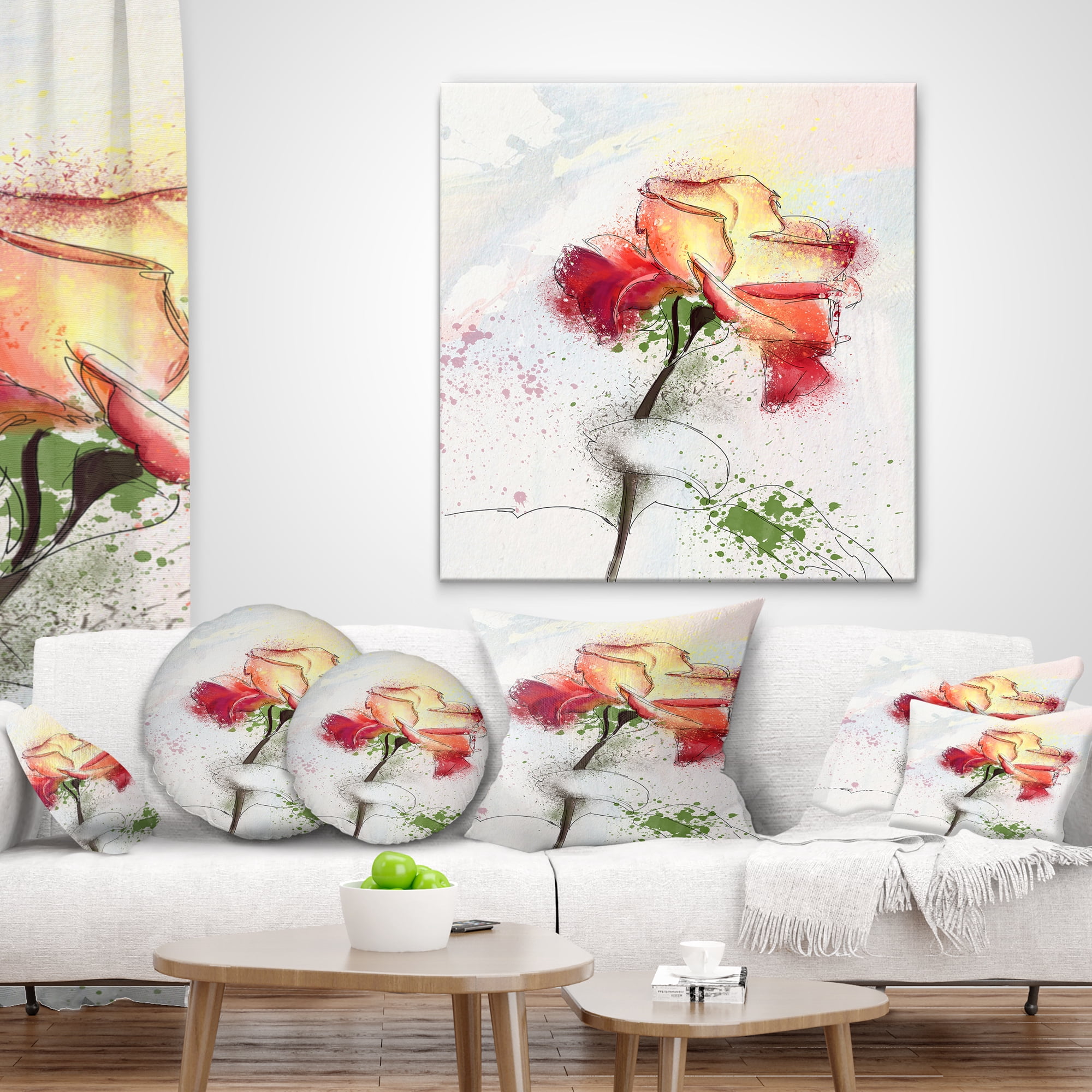 Designart Beautiful Rose Illustration Drawing - Floral Throw Pillow - 18x18