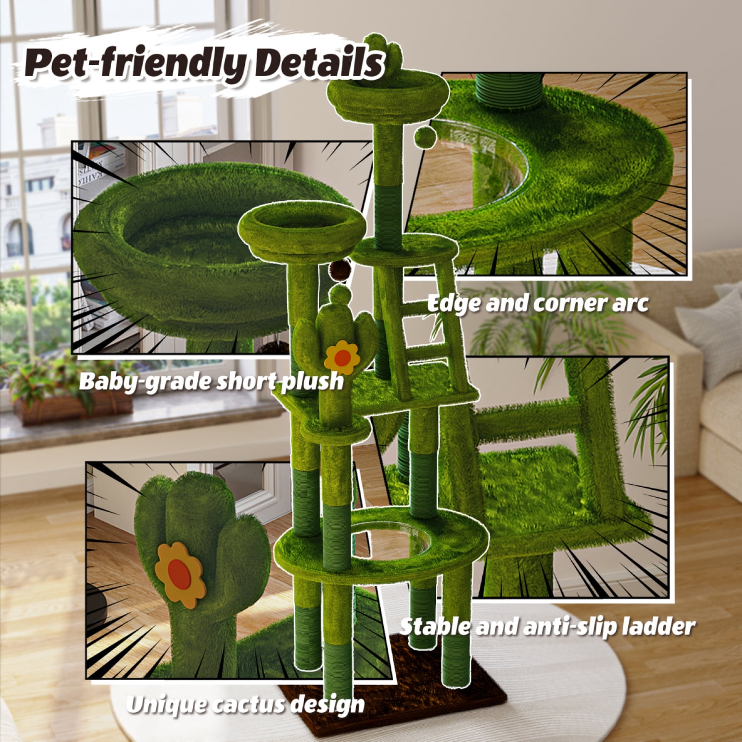 Green 72in Cactus Cat Tree Tall Cat Tower for Indoor Cats with Transparent Capsule Sisal Scratching Posts Plush Perches Interactive Toys Multi Level Activity Center