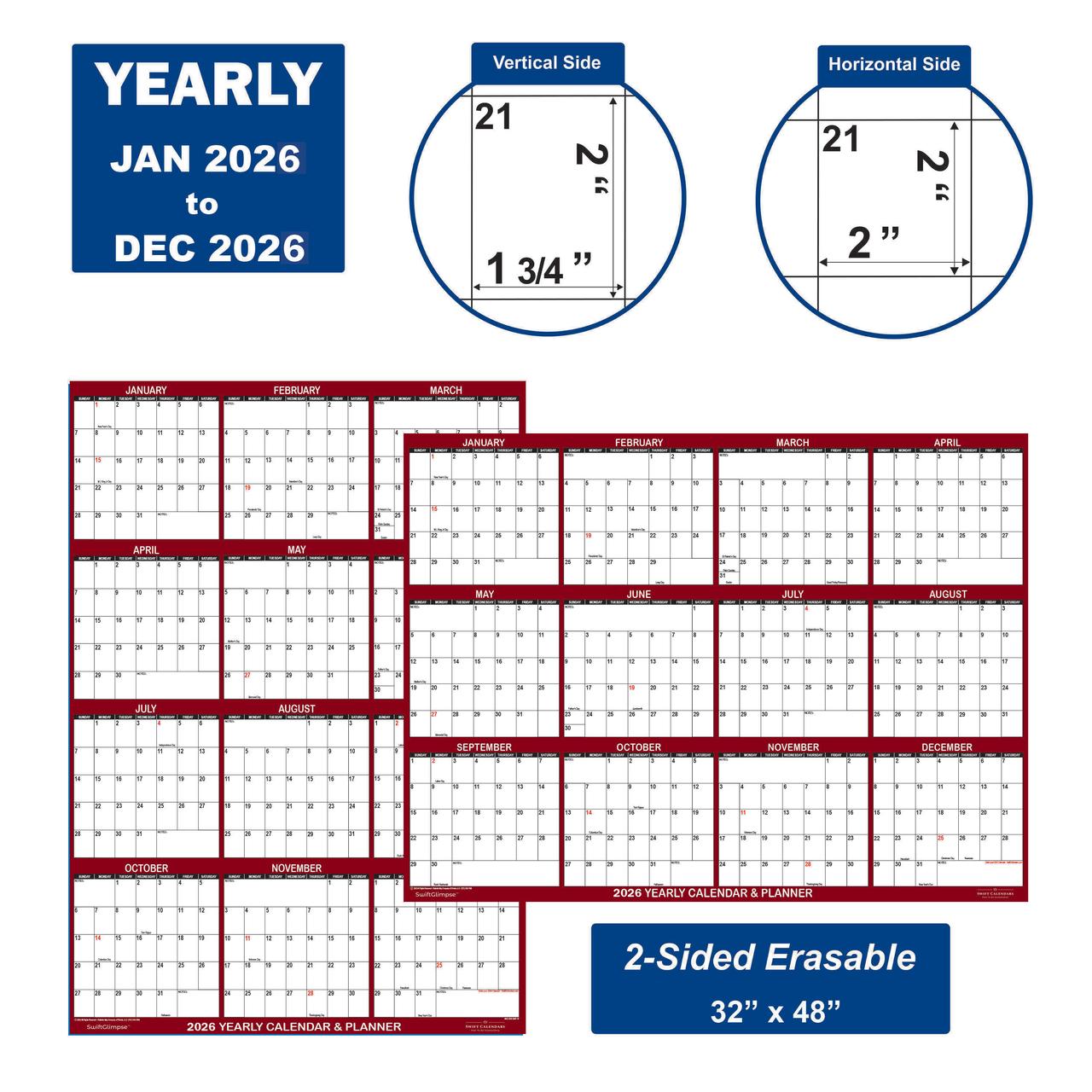 SwiftGlimpse 32" x 48" 2026 Wall Calendar, Erasable, Reversible, Maroon