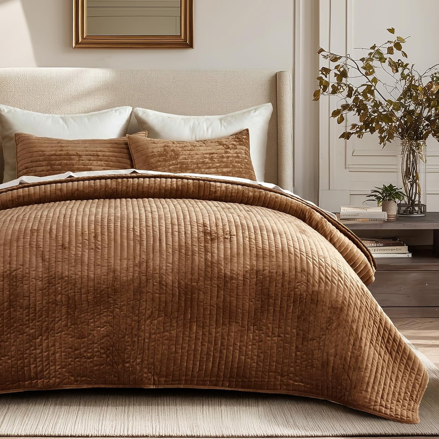EVERGRACE Velvet Quilt Set Queen Size, Luxurious Soft Striped Channel Bedding Set, Lightweight Velvet Comforter for All Season, Oversized Bedspread Coverlet with 2 Matching Shams, Dark Brown