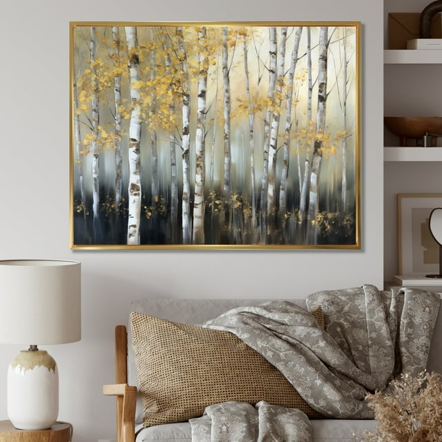 Designart Large Tree framed wall Art, Dense Birch Tree Forest I , Tree framed wall art decor, Grey Modern Gold framed wall art, 32x24 inches Gold Frame