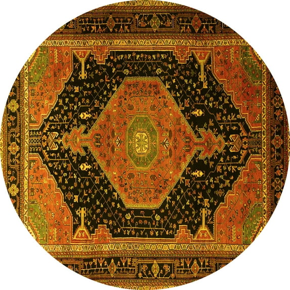 Ahgly Company Machine Washable Indoor Round Medallion Yellow Traditional Area Rugs, 8' Round