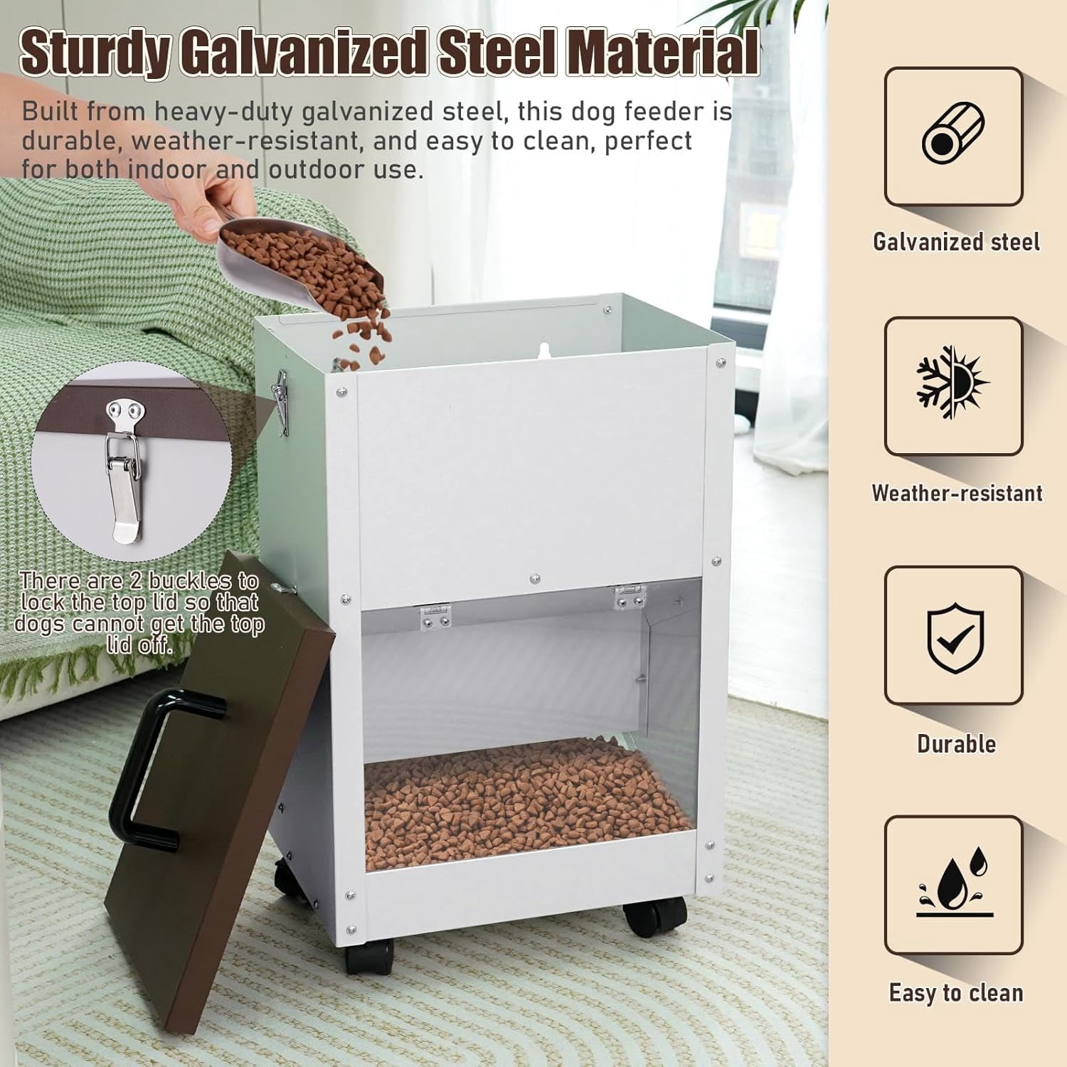 Outdoor Automatic Dog Feeder Large Breed 28 Lbs Capacity Galvanized Metal Self Feeding Dispenser with Clear Door Gravity Pet Feeder Wall Mountable Easy to Move with Wheels