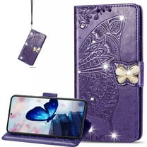 for Samsung Galaxy A03 Wallet Case, 3D Butterfly Flower PU Leather with Credit Card Slots Holder Magnetic Closure Folio Phone Cover for Samsung Galaxy A03 Rhinestone Deep Purple