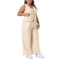 thumbnail image 4 of NOMADIC NOOK Women's Plus Size 2 Piece Casual Button Down Vests and Drawstring Elastic Waist Wide Leg Palazzo Pants Sets with Pocket 1X Beige, 4 of 6