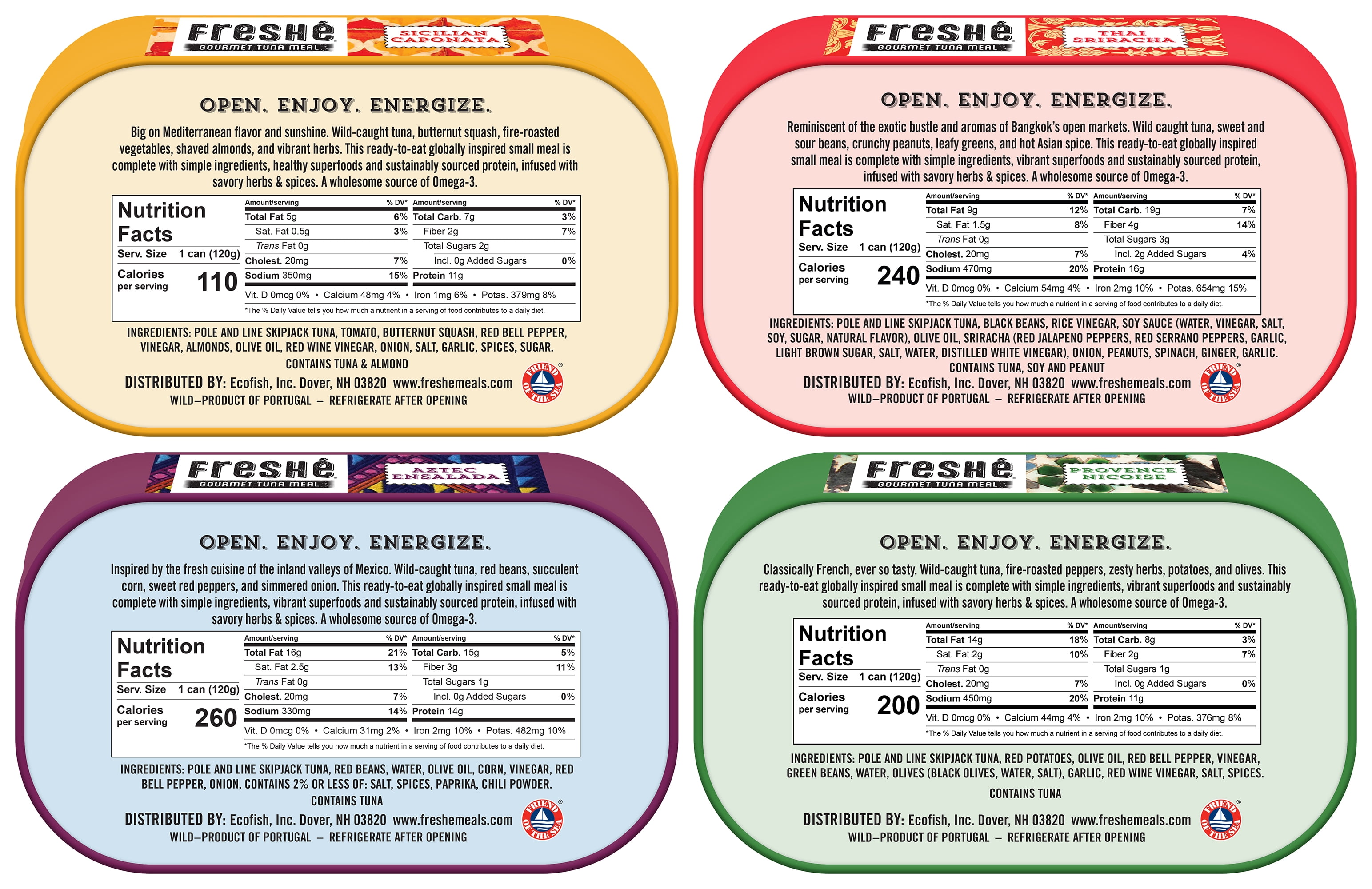 Freshé Gourmet Canned Tuna Variety Pack (4 Pack of 4.25 oz. Tins) Contains Fish, Soy, Almonds, Peanuts