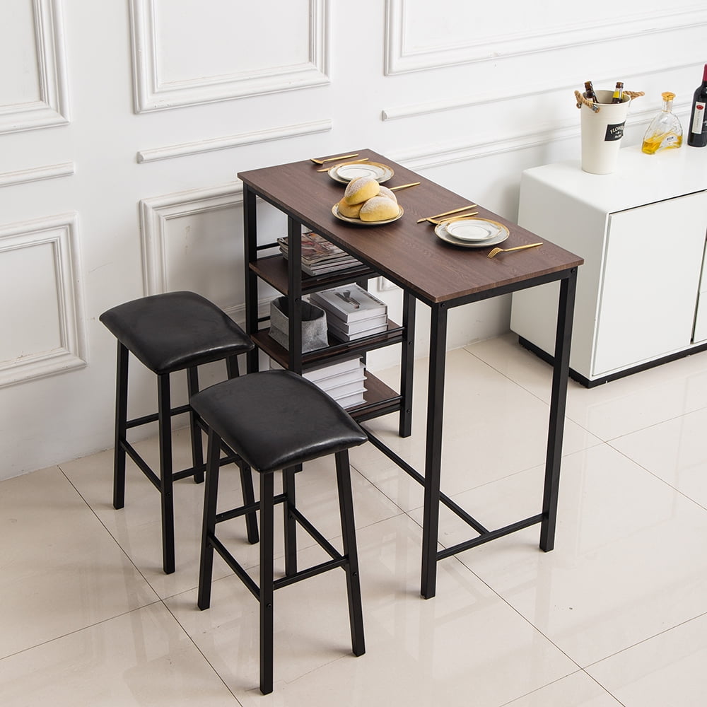 Bar Stool Table Set 3-Piece Kitchen 2-Counter-Height Brown Dining Furniture 
