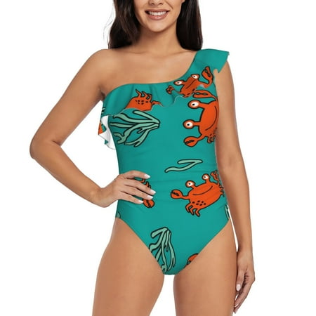 Sikiie Colorful Crab Print Women One Piece Swimsuits Tummy Control One Shoulder Bathing Suits Ruffle Swimwear  From S to XXL-Large