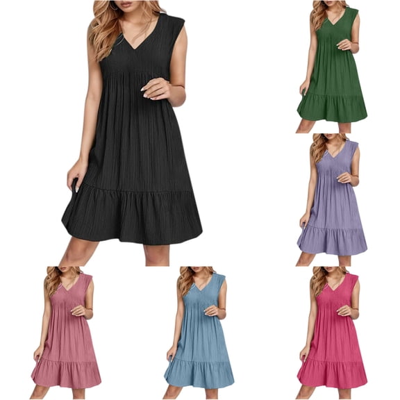 XIAONU Womens V Neck Sleeveless Ruffle Mini Dress Loose Casual Summer Dress
