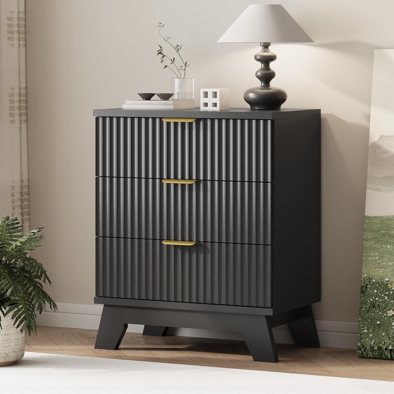 Fluted Dresser for Bedroom with 3 Drawers 24 Wide Modern Chest of Drawers with Metal Handle Wooden Dresser TV Stand Wood Closet Clothes Storage Drawer Organizer for Living Room Hallway Black