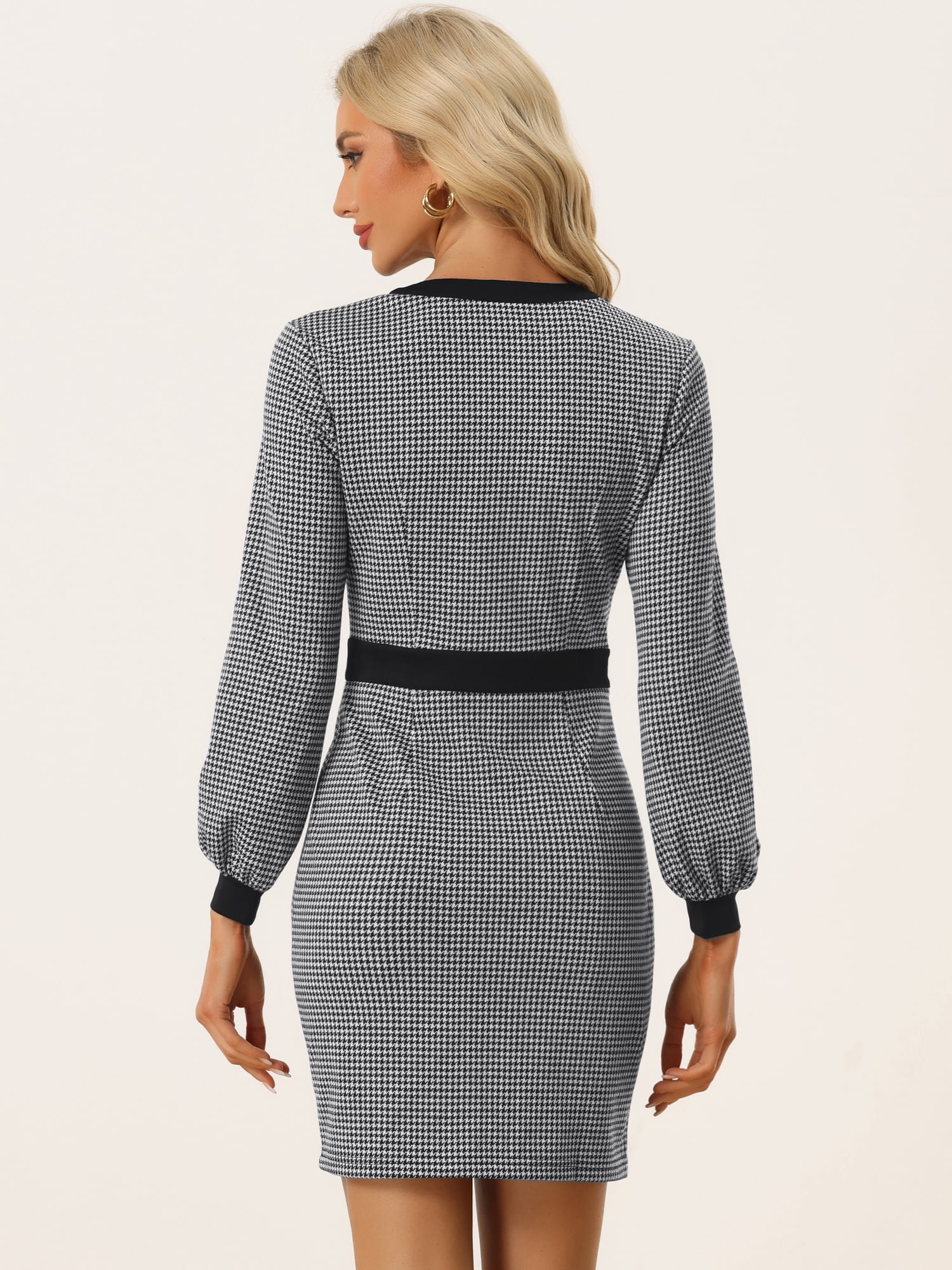DARING DIVA V Neck Long Sleeves Elegant Sheath Houndstooth Dress S Black