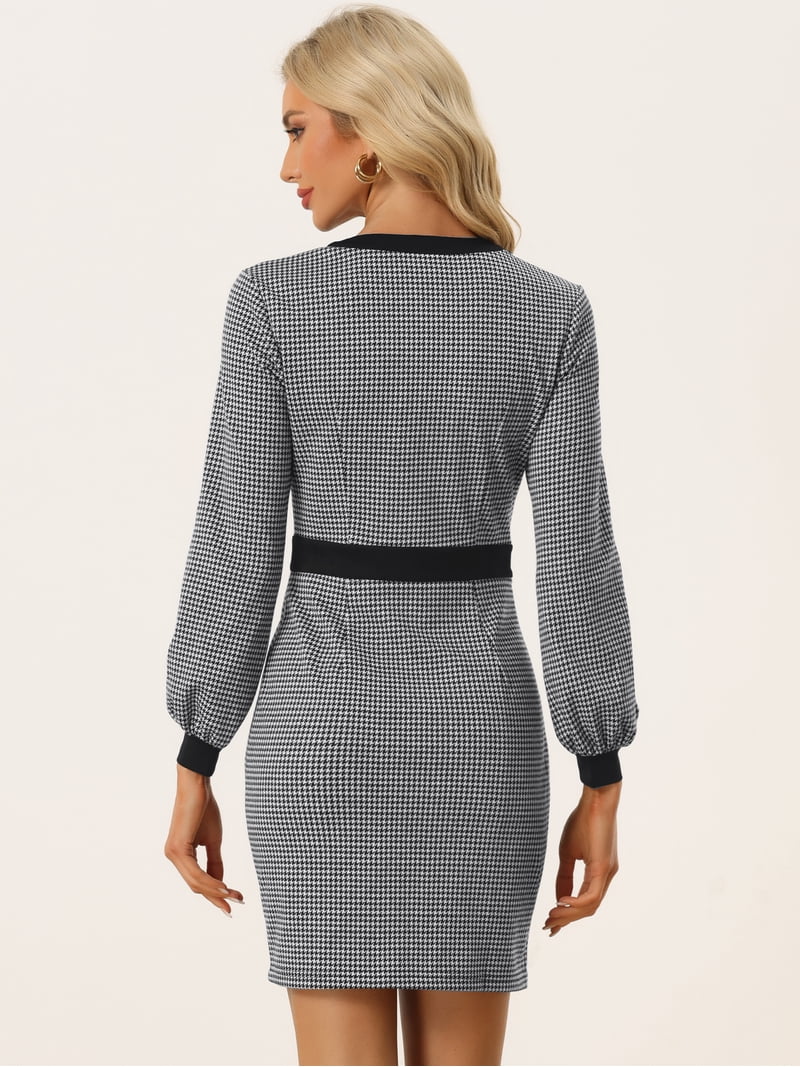 Daring Diva V Neck Long Sleeves Elegant Sheath Houndstooth Dress S Black, Women's, Size: Small