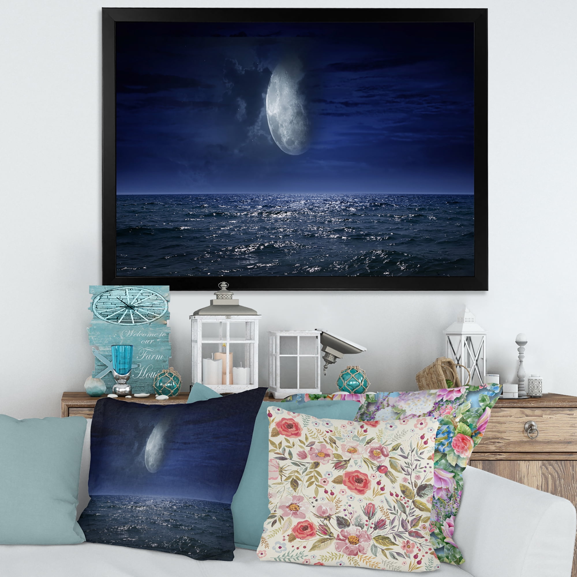Designart 'Full Moon Night Over Dark Ocean' Nautical & Coastal Framed Art Print