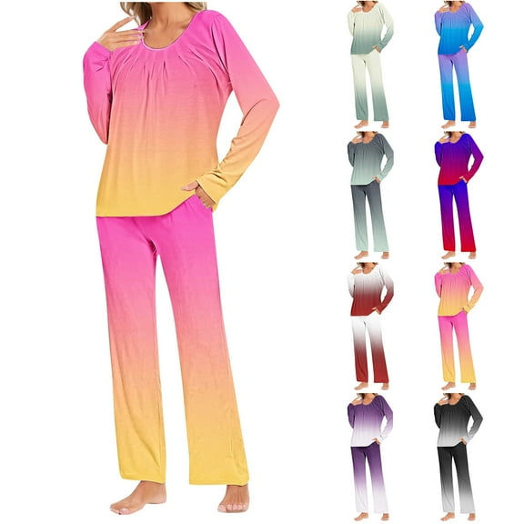 Ashirexll Womens Winter Sets, Fuzzy Pajamas for Women, Stylish Gradient Print Casual Top with Pants Pajama Set