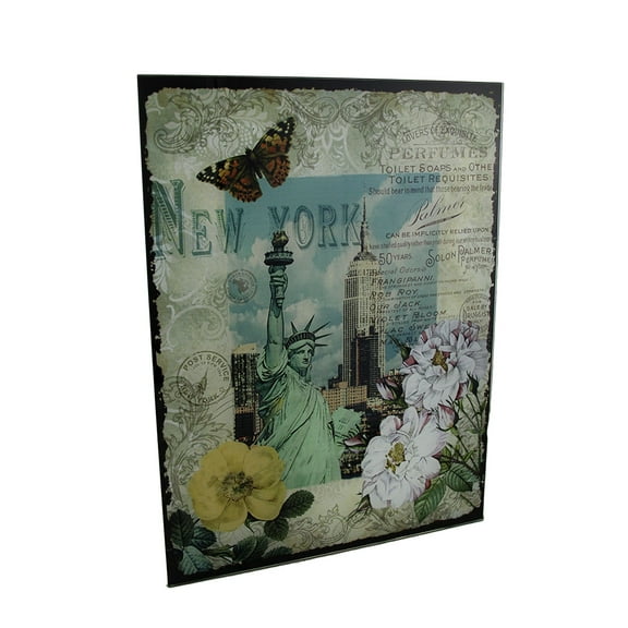Zeckos Decorative New York Statue of Liberty Floral Glass Wall Hanging