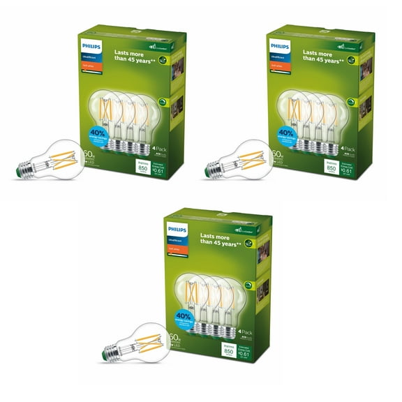 Philips Ultra Efficient LED 60-Watt A19 Light Bulb, Soft White, Clear, Dimmable, E26 Base (12-Pack)