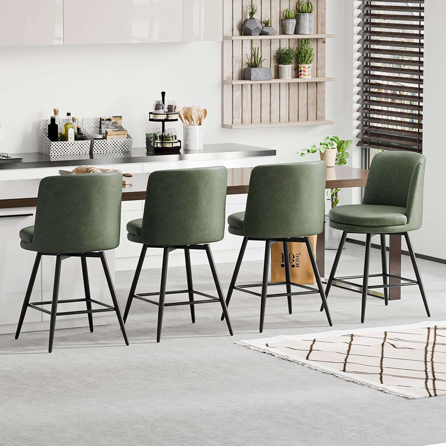 VINGLI 26" H Swivel Barstools Set of 2, PU Faux Leather Upholstered Counter Height Bar Stool with Back, Kitchen High Chairs with Cushion Round Seat, Metal Legs, White