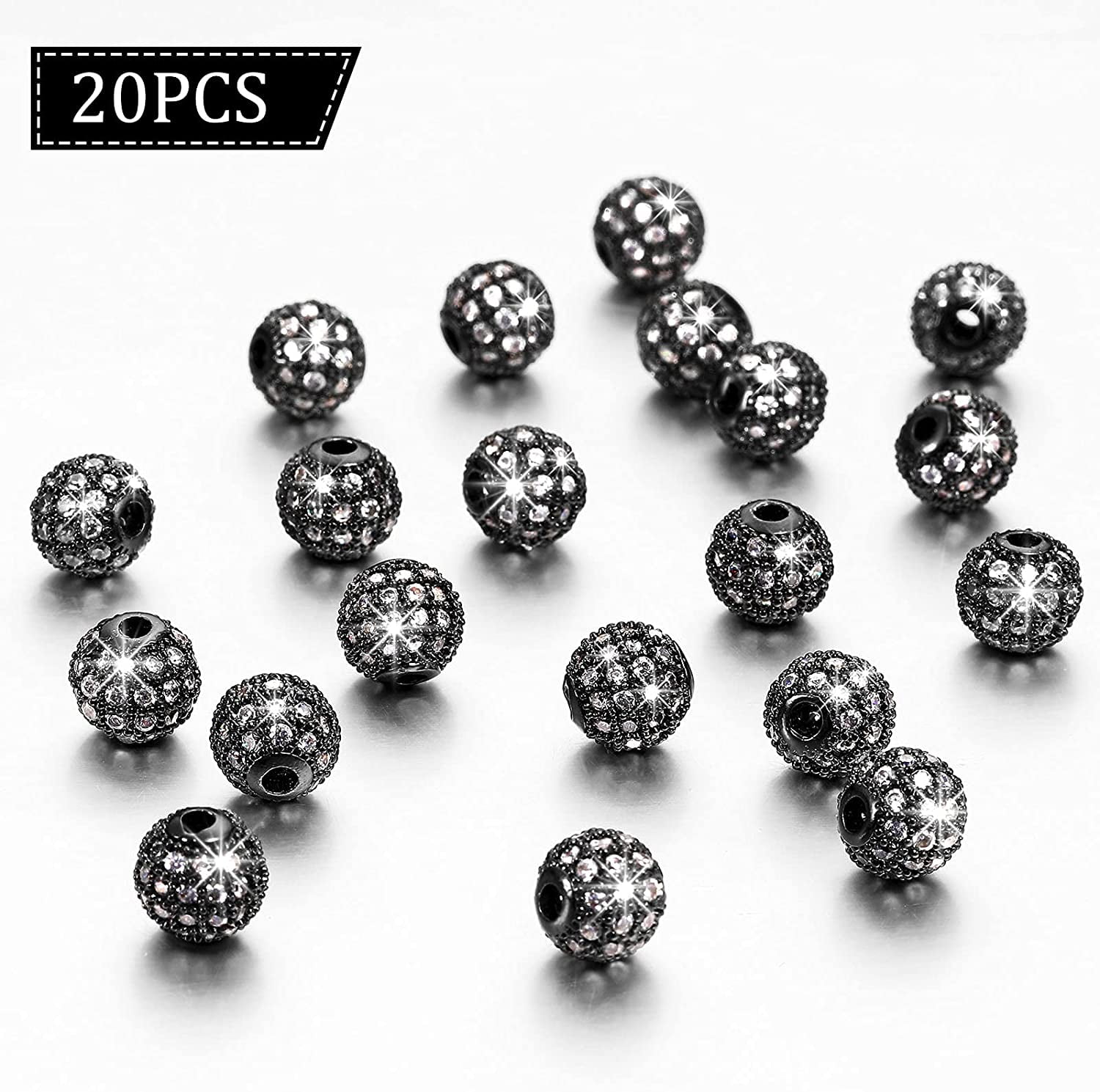 20 Pieces 8 mm Zirconia Cubic Beads, Round Rhinestone Bracelet Spacer Charms,Crystal Zirconia Stones, Ball Beads for Jewelry Making DIY(Black)