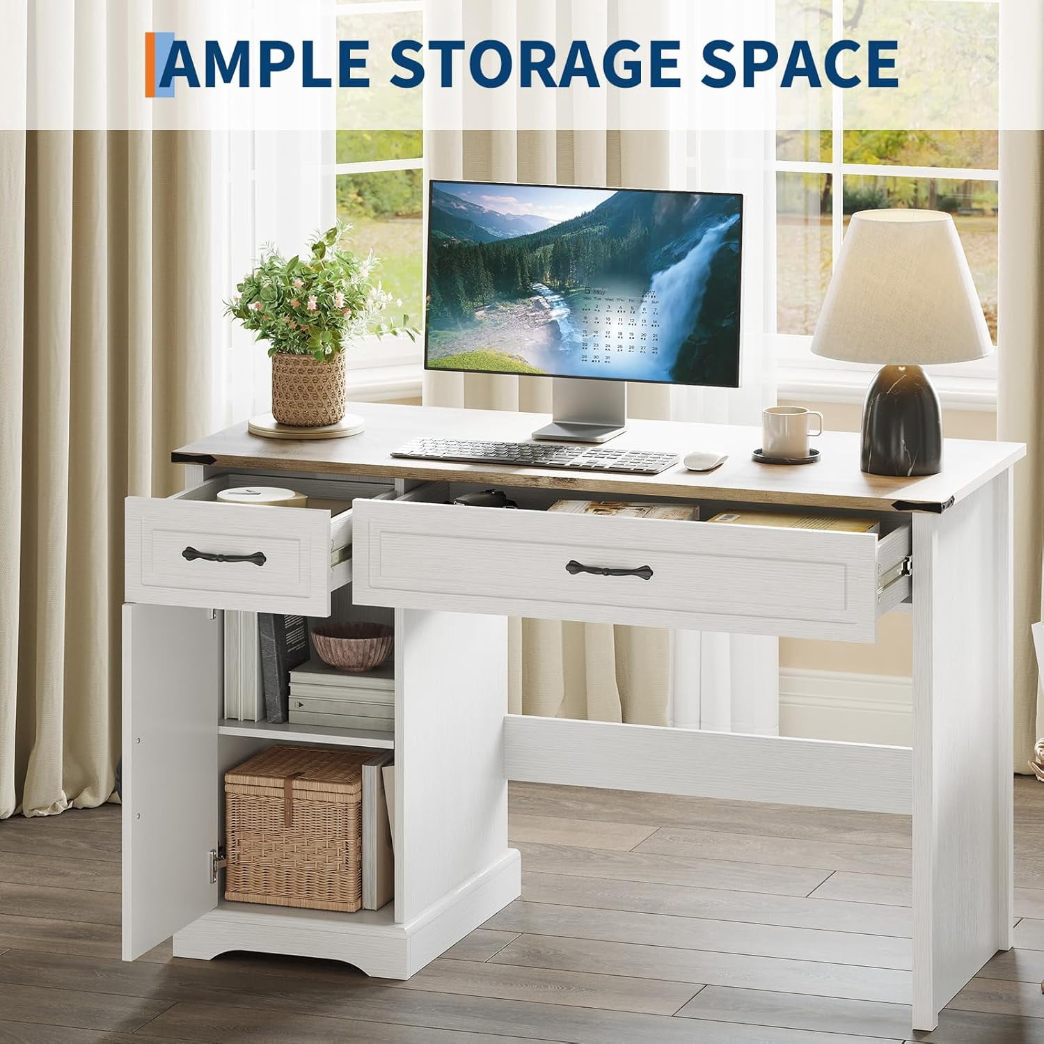 47" Farmhouse Executive Desk Computer Desks with Drawers and Cabinet Wood Workstation Computer Desks for Study and Home Office