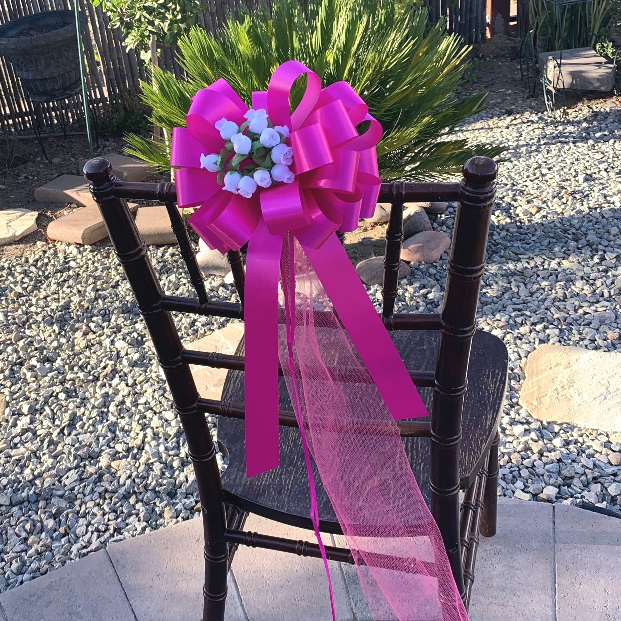 Fuchsia Pull Bows with Tulle Tails and White Rosebuds - 8" Wide, Set of 6, Valentine's Day, Breast Cancer Awareness, Wedding
