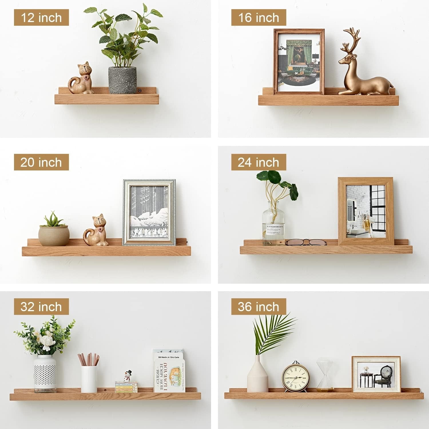 Oak Floating Shelves Natural Wood Wall Mounted Display Picture Ledge for Home Office Living Room Bedroom Storage 6X32 Inch