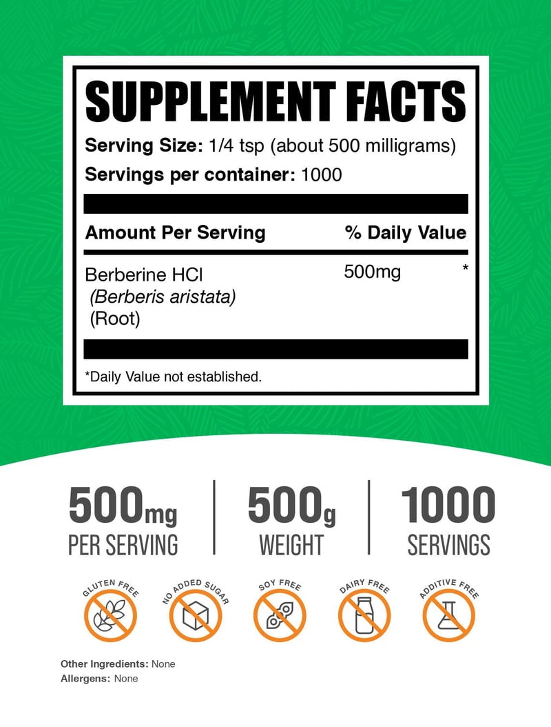 BulkSupplements Berberine HCl Powder - 500 Grams (1.1 lbs)