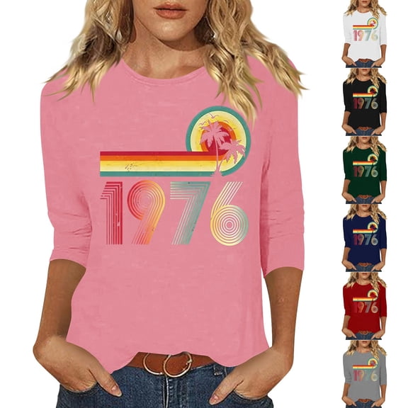 Womens 3/4 Length Sleeve Tees Crew Neck 1976 Graphic Print T Shirts Vintage Trendy Casual Pullover Tops (XL, Pink)