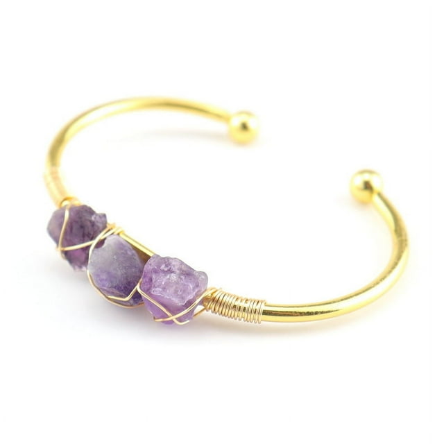 Nvzi Pulsera de cuentas hecha a mano, adecuada, pulsera de alambre de metal envuelto en cristal de piedra cruda natural (púrpura)