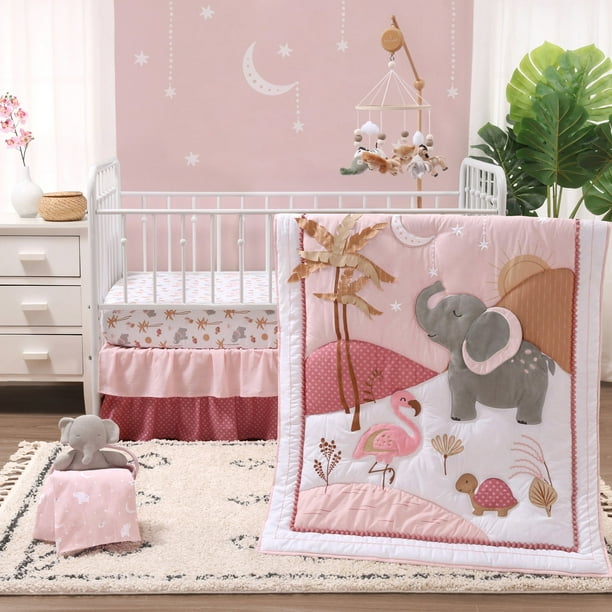 The Peanutshell Organic Cotton Crib Bedding Set For Baby Girls Safari Oasis 4 Pieces Pink