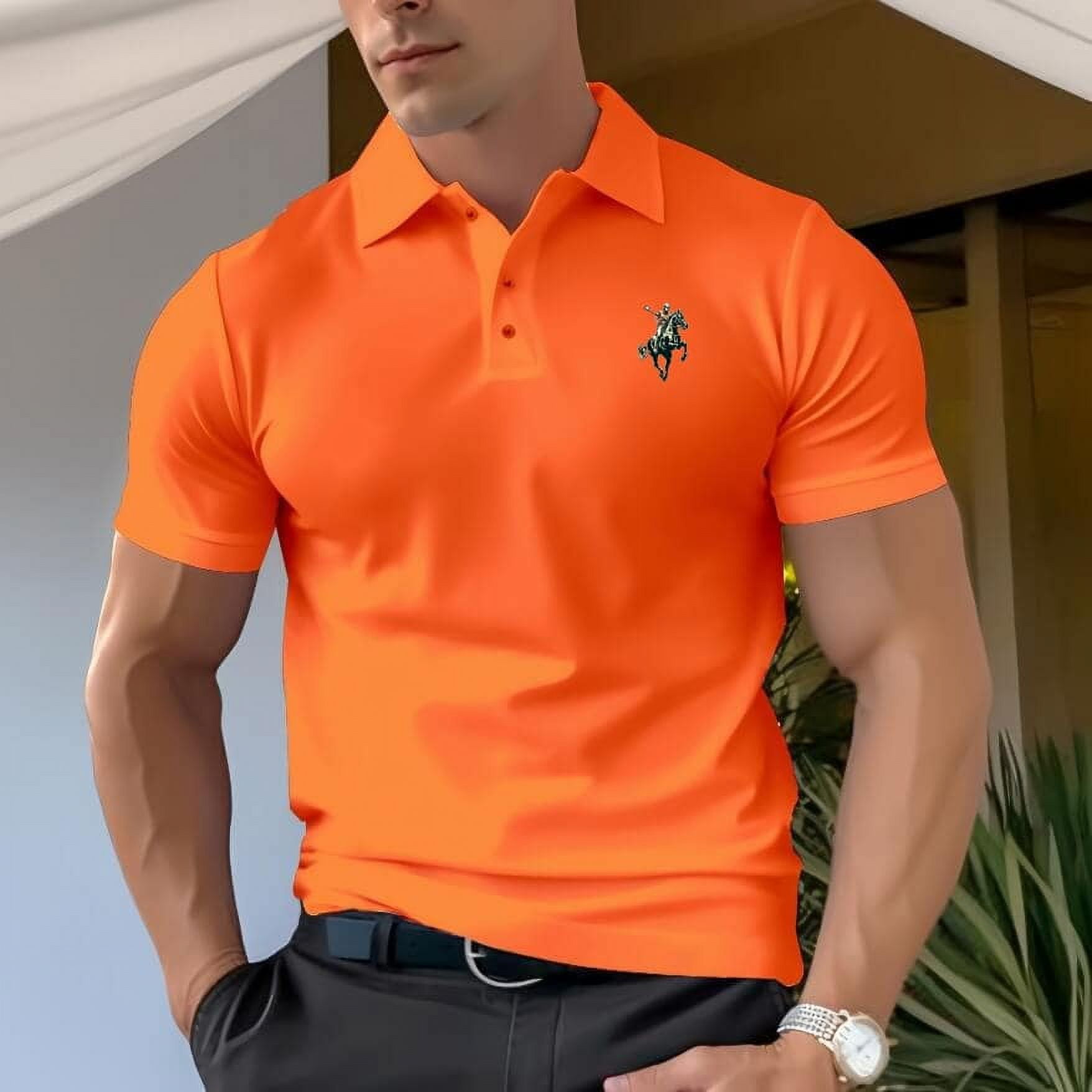 【送料&関税込】Autry Orange Polo Shirt With Lettering Logo Men's Polo Shirt Cotton Comfortable T-Shirt with polo player