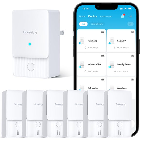 Detector de fugas de agua GoveeLife WiFi, paquete de 6 con alarma y aplicación