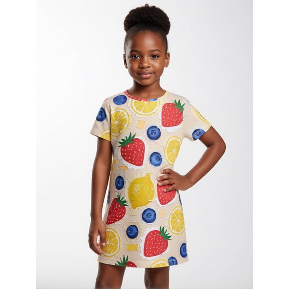 Kids Modern Short Sleeve Dress Relaxed-Fit Crewneck Everyday Dress for Girls Little Girls Age 5-10 Pull-On