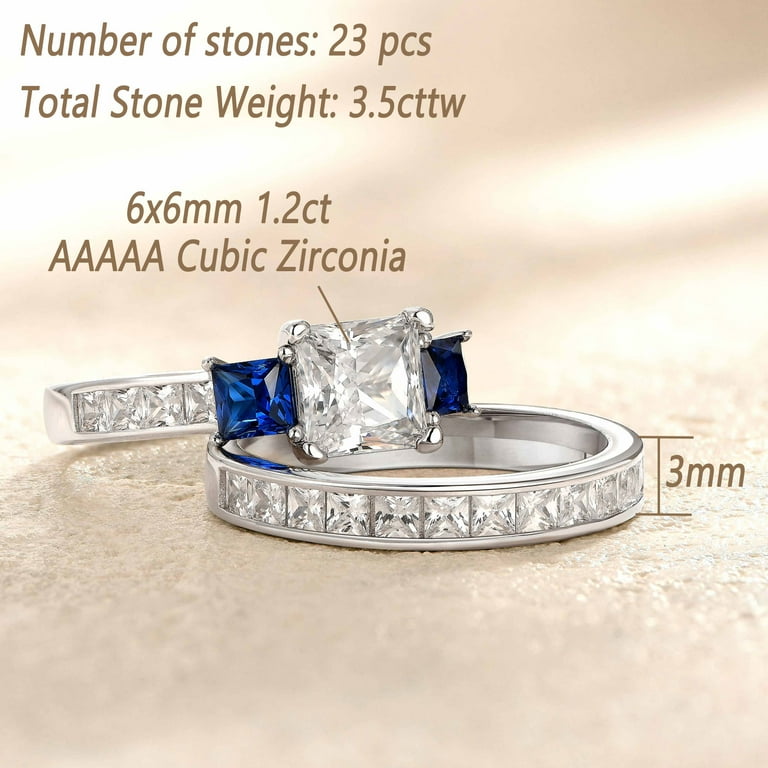Wuziwen Three Stone Princess Cut Blue Simulated Sapphire and Cubic