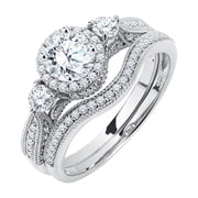 JeenMata 2 Carat Moissanite Wedding Ring Set - Round Cut Vintage Design Halo Bridal Set in 18K White Gold Plating for Women