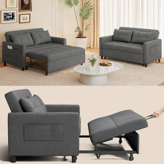 Full Size Sofa Bed, 3 in 1 Convertible Sleeper Sofa, 45" Futon Couches with Side Pocket & Adjustable Backrest, Linen Fabric Pull Out Couch, Dark Grey Loveseat
