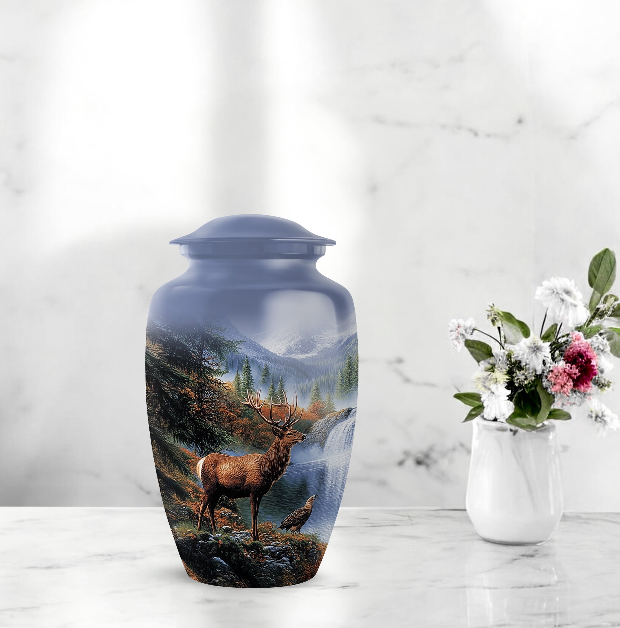 Deer Funeral Urn For Man And Woman - Memorial Cremation Urns For Human Ashes Adult Female - Blue Urn For Ash For Women - Large Decorative Urns For Human Ashes Adult Male, 10 Inch
