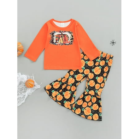 

aturustex Halloween 2Pcs Toddler Girls Outfit Letter Print Long-Sleeve T-Shirt Top+ Pumpkin Print Bell Pants Set 1-6 Years