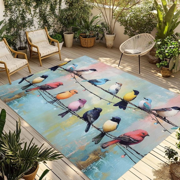 Fsddascl Colorful Birds Outdoor Rug for Patio/Deck/Porch, Non-Slip Large Area Rug 4 x 6 Ft, Modern Oil Painting Art Indoor Outdoor Rugs Washable Area Rugs, Reversible Camping Rug Carpet Runner