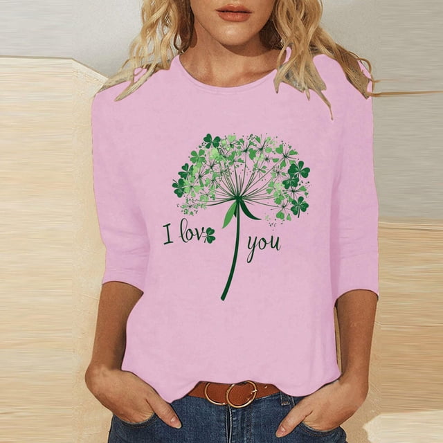 Meichang Hauts de la Saint-Patrick pour Femmes Liquidation T-Shirts Chanceux Verts Trèfle Graphiques Col Rond Manches 3/4 Décontracté Hauts Coupe Ample Blouses de Vacances
