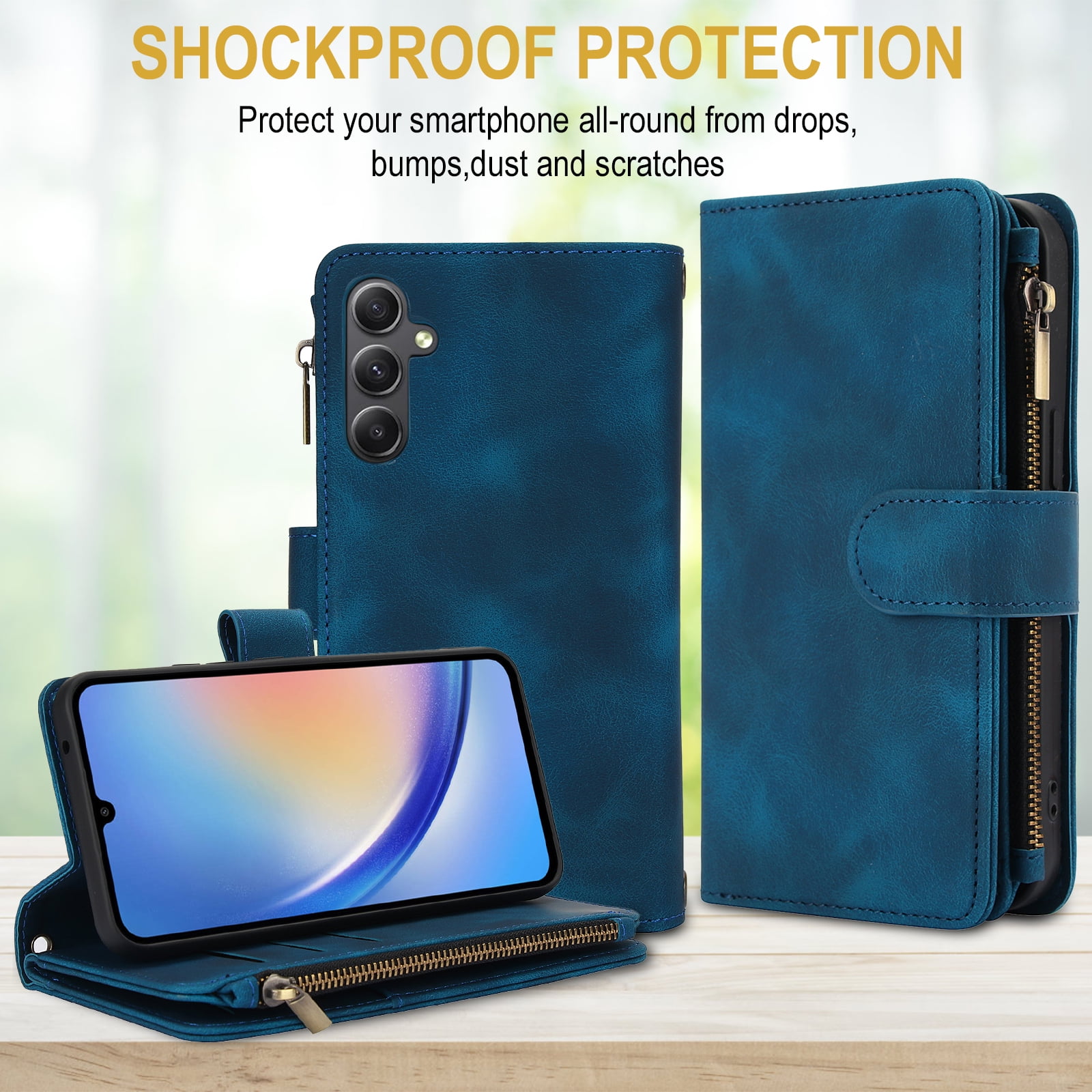 for Samsung Galaxy A16 4G/5G Wallet Case with Card Holder for Women Men, Phone Case RFID Blocking PU Leather Flip Shockproof Cover with Shoulder + Wrist Strap Zipper Credit Card Slots Stand, Blue