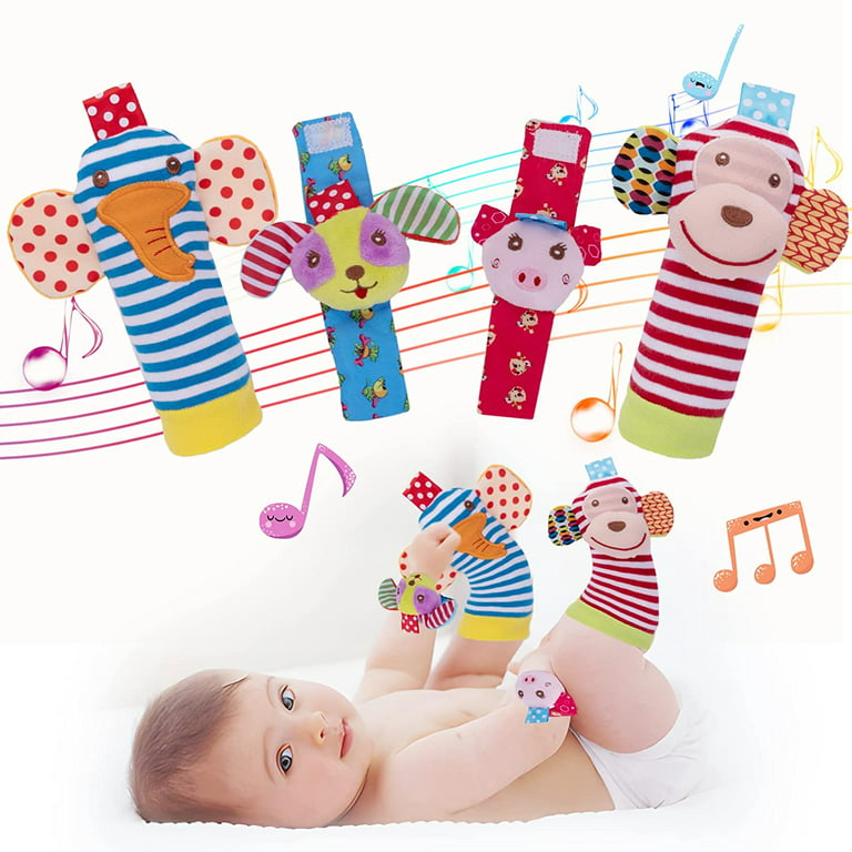 4pcs Baby Wrist Rattle Foot Finder Socks Set, Newborn Wristband and Leg  Ankle Soft Sensory Babies Toys, Cute Animal Bell Strap Development Gifts  for