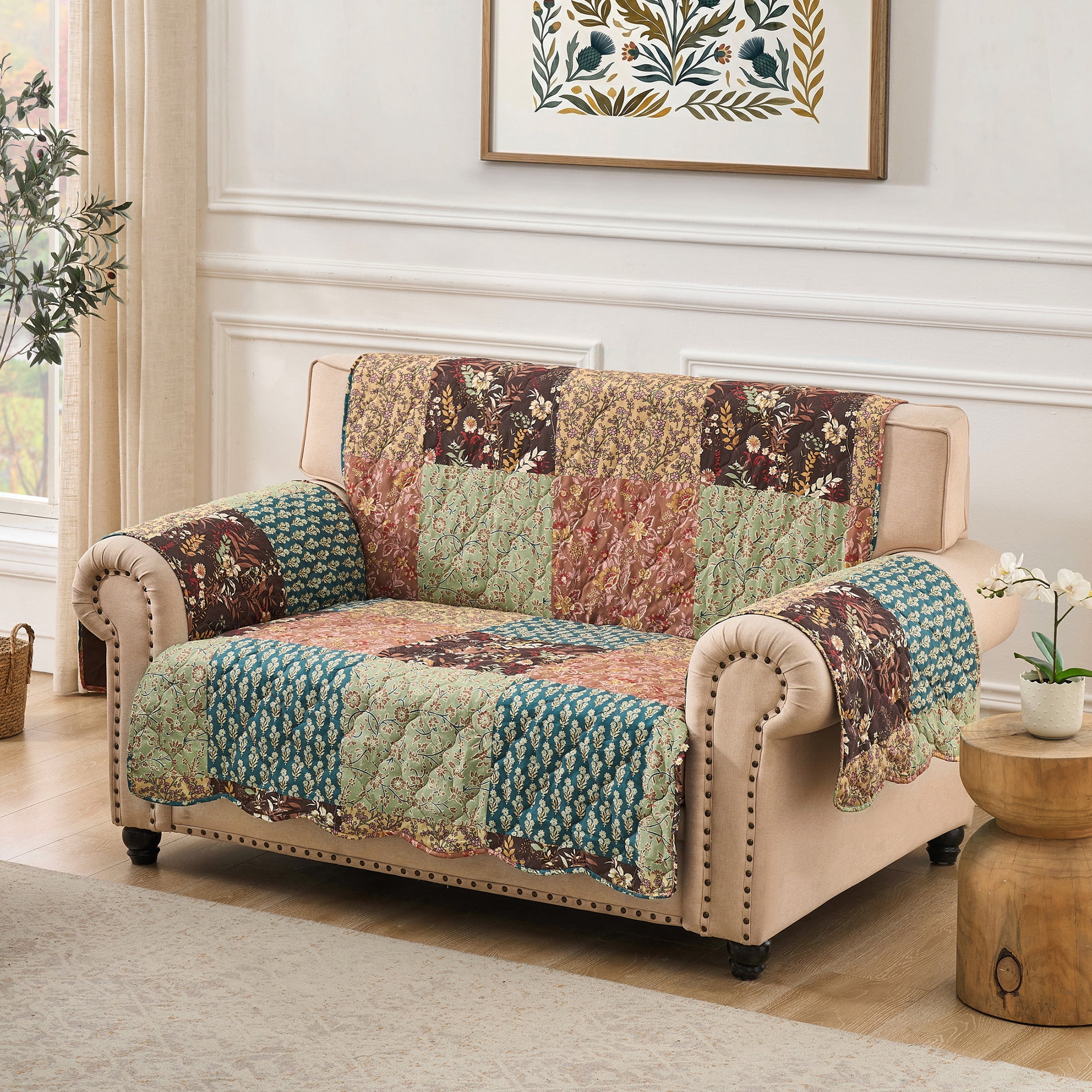 Greenland Home Fashions Hazel Floral Patchwork Print Reversible Slipcover/Furniture Protector, Loveseat